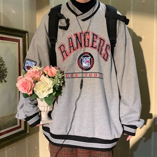 C2自制/美式棒球V领卫衣2025秋季新款套头长袖潮牌宽松BF慵懒上衣