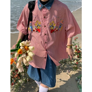 C2自制/夏日复古趣味花朵刺绣衬衣情侣格子牛仔领短袖衬衫上衣潮