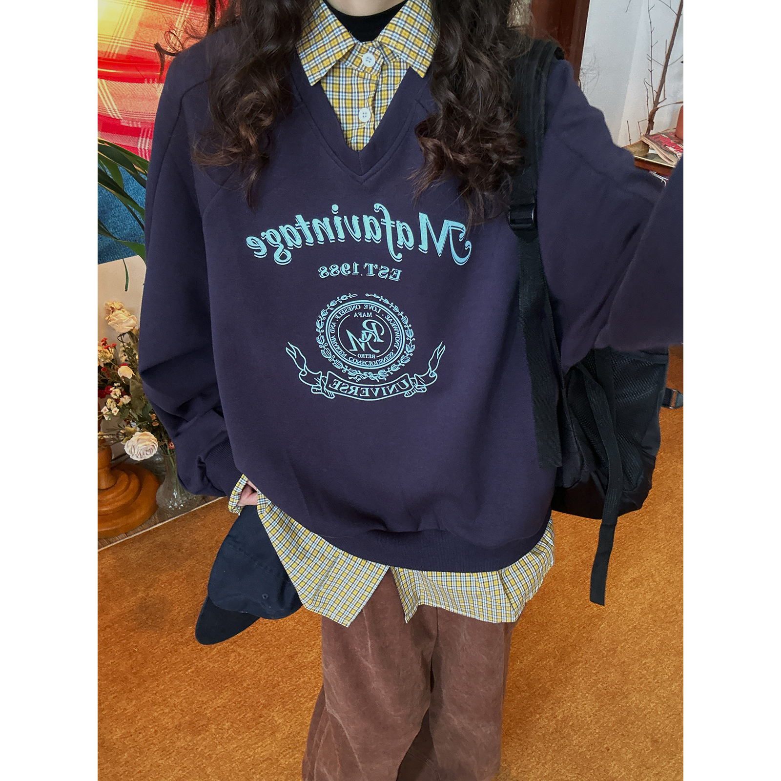 C2自制/学院风假两件格子拼接翻领卫衣男女同款秋季宽松显瘦上衣