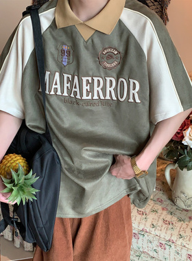 C2自制/美式复古鹿皮绒翻领POLO短袖夏季潮牌学院风情侣慵懒T恤