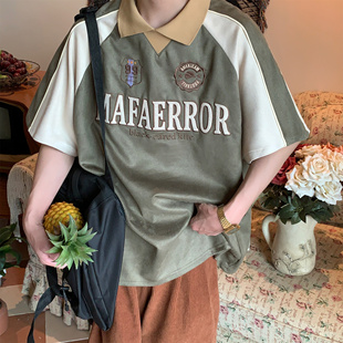 夏季 复古鹿皮绒翻领POLO短袖 潮牌学院风情侣慵懒T恤 美式 C2自制