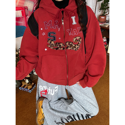 C2自制/豹纹字母连帽拉链卫衣男女同款宽松bf高街风复古外套春款