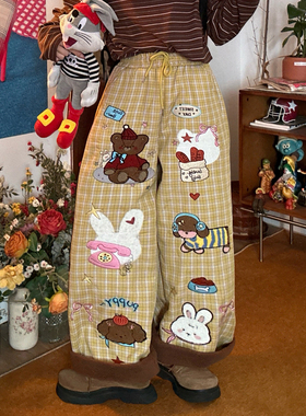 C2自制 /卡通刺绣格子阔腿裤男女同款秋冬款宽松加绒休闲裤长裤
