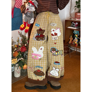 卡通刺绣格子阔腿裤 长裤 男女同款 宽松加绒休闲裤 秋冬款 C2自制