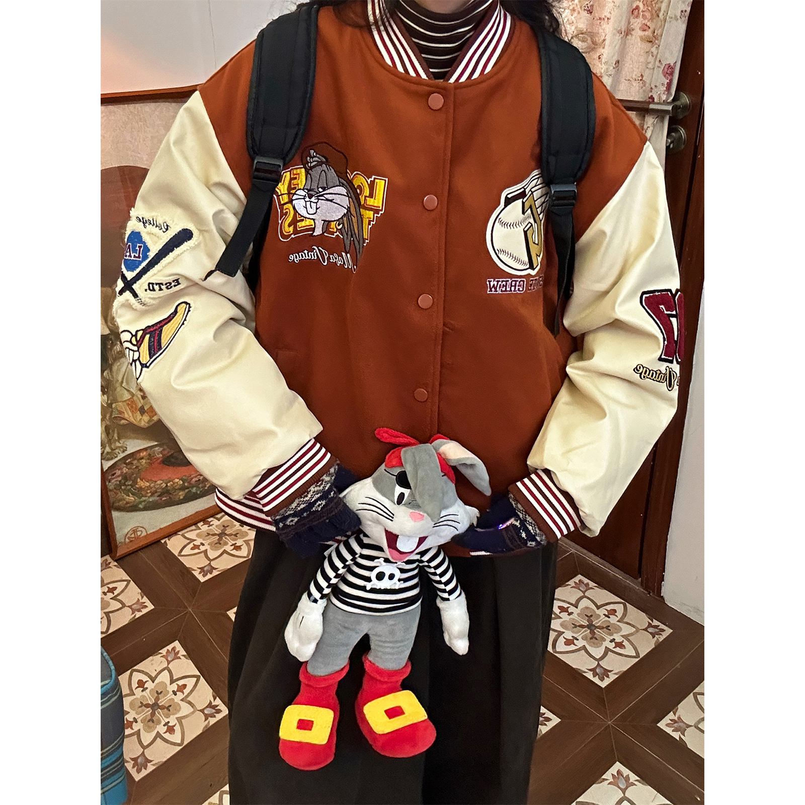 C2自制/美式复古刺绣棒球服外套男女同款秋懂款宽松休闲夹克棉衣