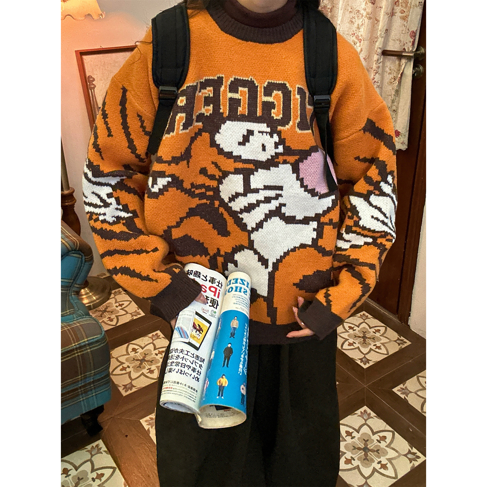 C2自制/美式复古卡通提花圆领毛衣男女秋冬款宽松童趣针织衫上衣