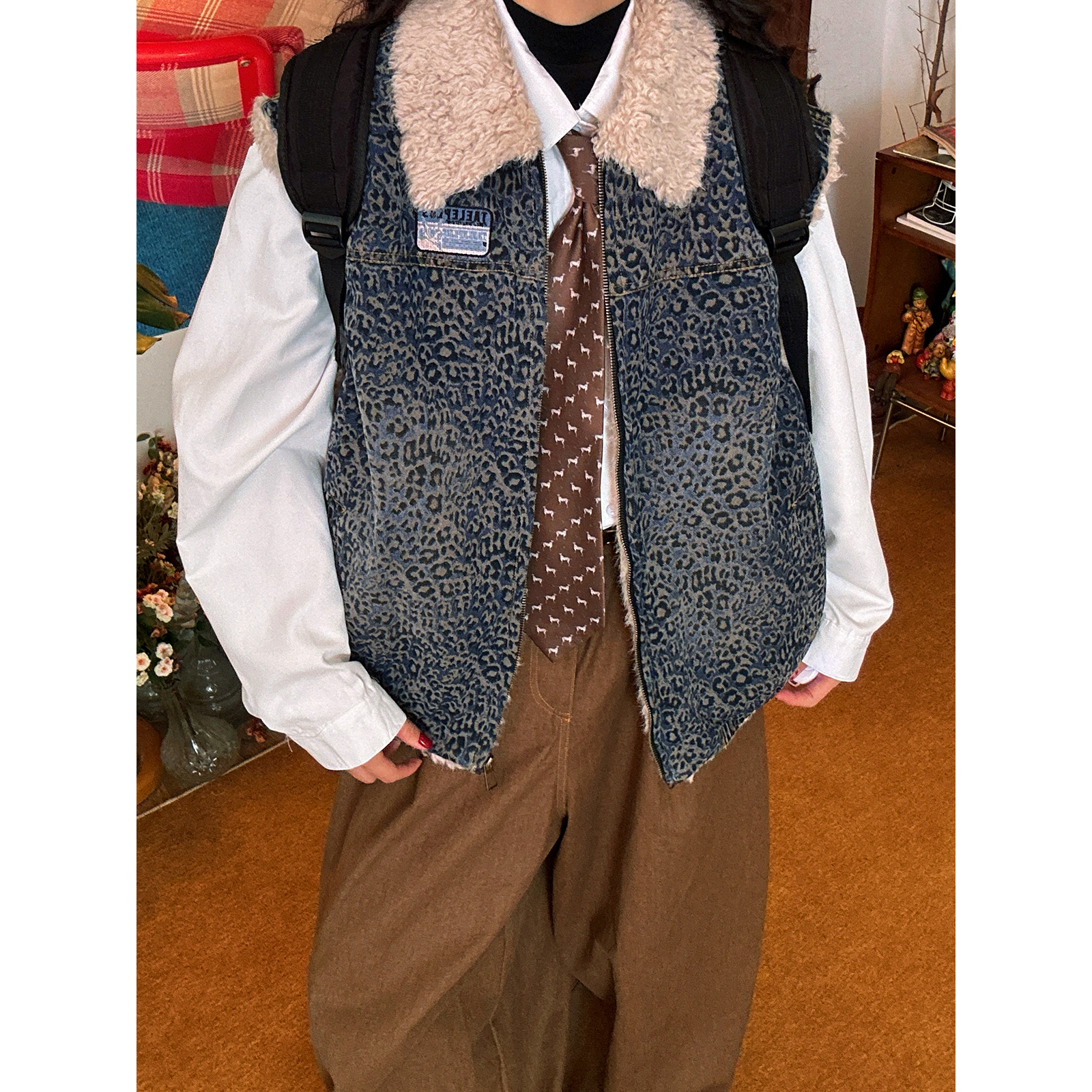 C2自制/复古豹纹牛仔夹棉马甲女羊羔毛翻领保暖外套棉服秋冬新款