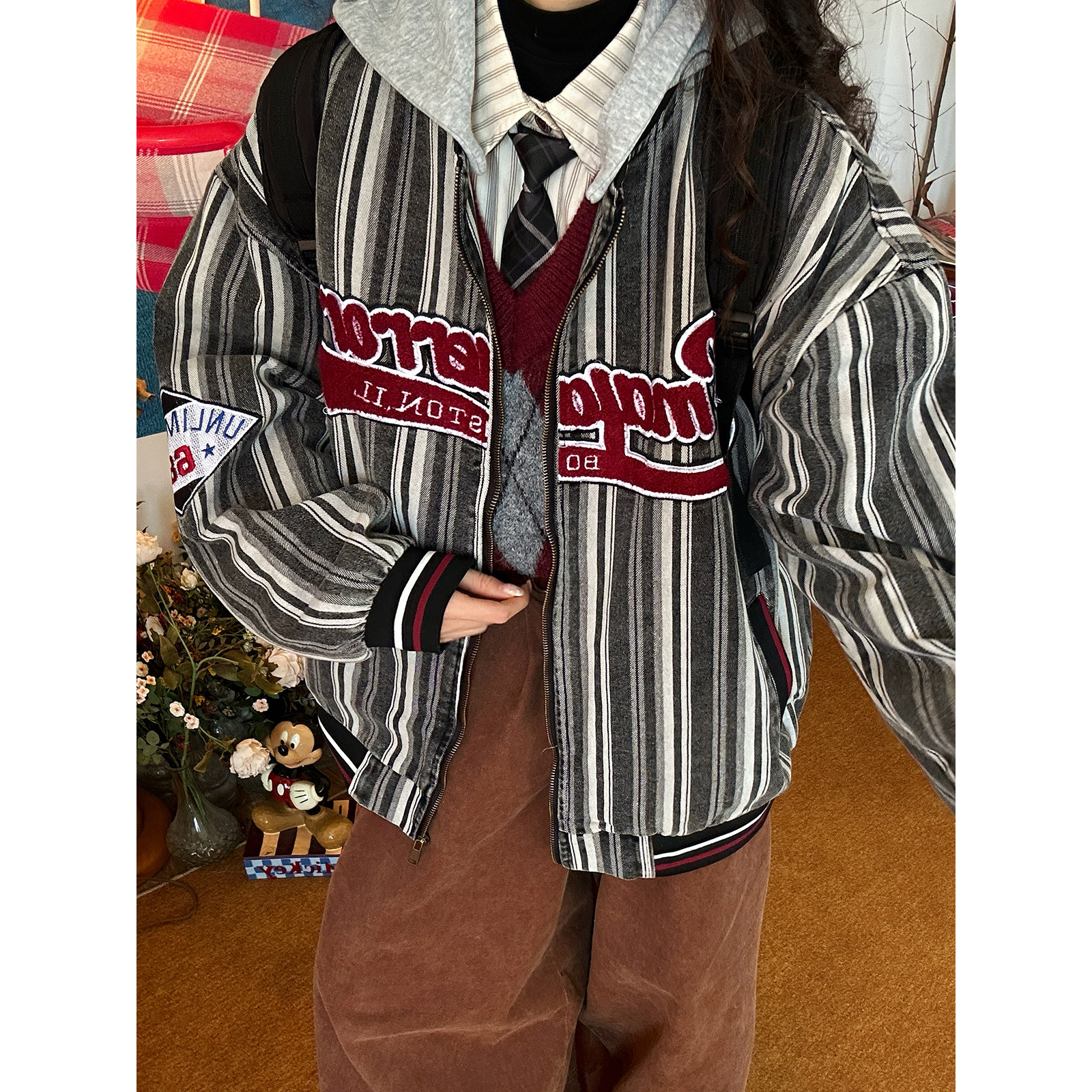 C2自制/美式复古风条纹字母刺绣棒球服外套男女宽松夹克春季新款,女装/女士精品,短外套,淘宝优惠券,粉丝福利购,淘宝优惠卷