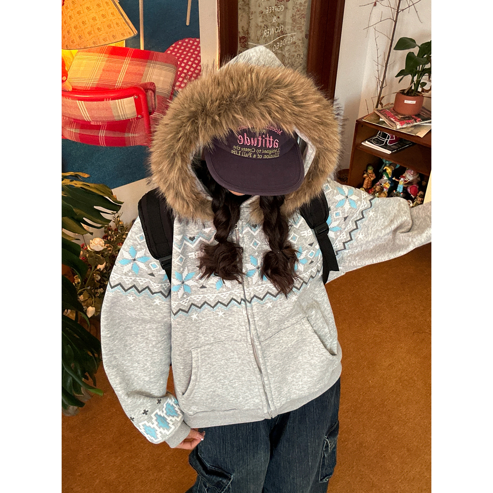 C2自制/复古提花毛领连帽卫衣男女秋冬新款费尔岛风加绒保暖外套