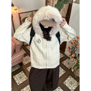 保暖外套 加厚麻花针织衫 C2自制 软糯风大毛领连帽毛衣女秋冬新款