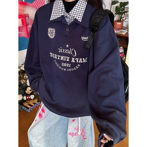C2自制/美式复古字母刺绣假两件polo领卫衣男女百搭上衣春季新款