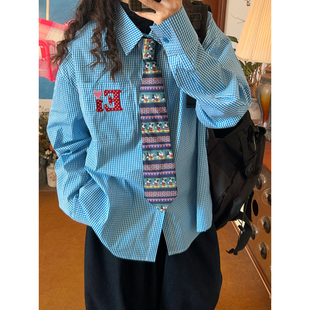 C2自制/学院风复古格子衬衫春季新款女长袖宽松百搭开衫衬衣上衣