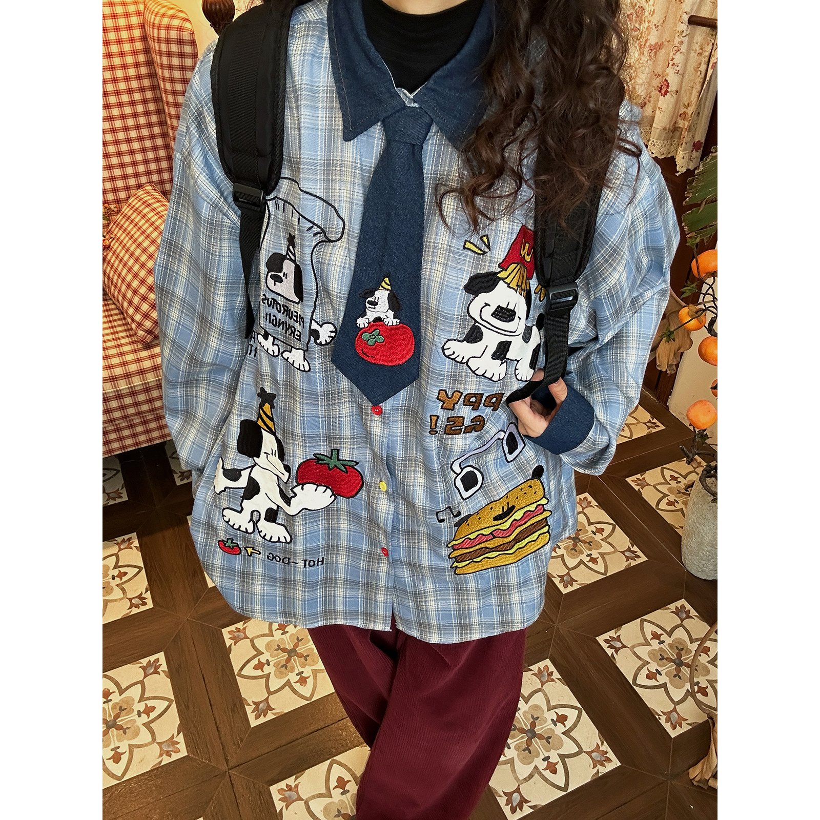 C2自制/卡通趣味小狗印花拼接牛仔翻领长袖格子衬衫男女同款上衣