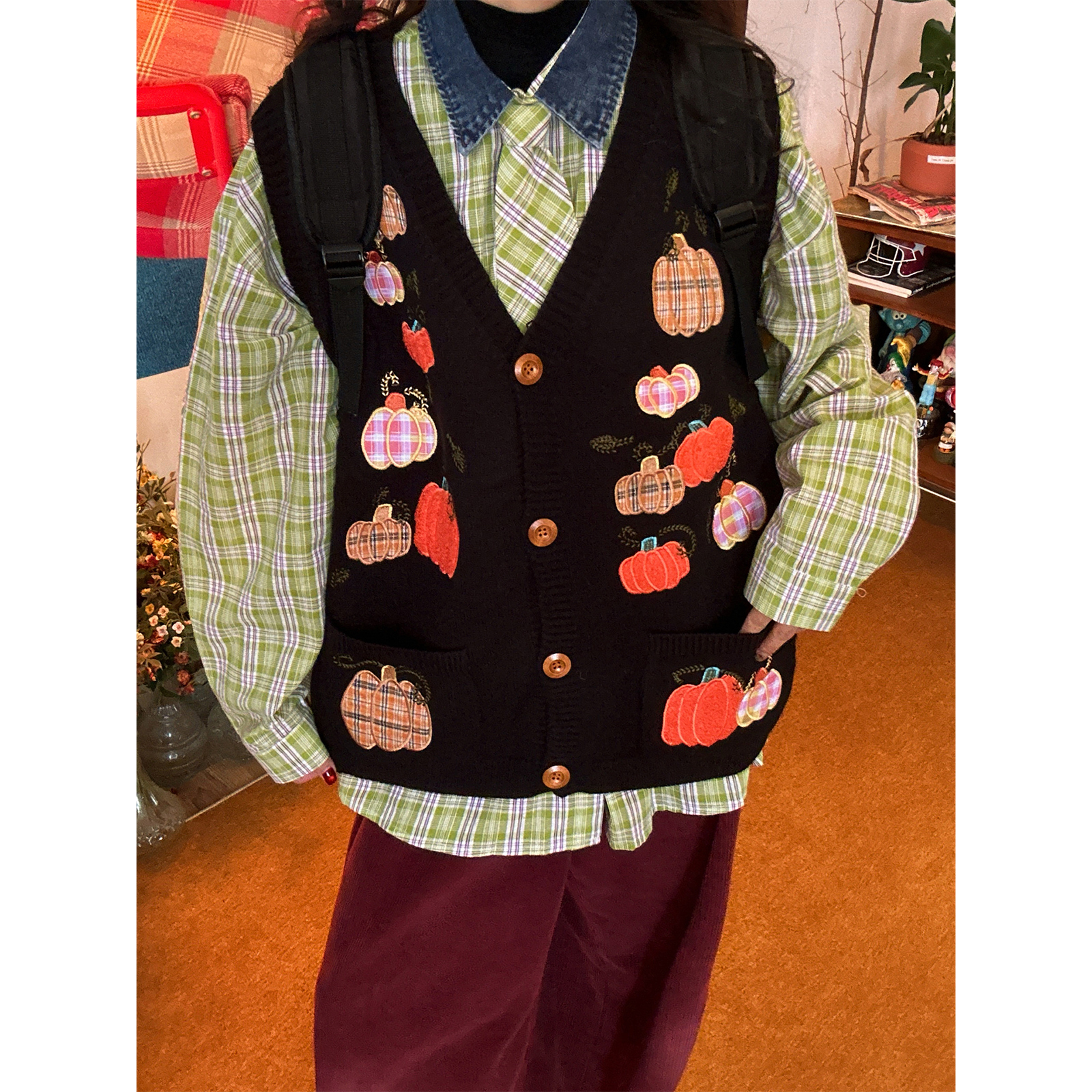 C2自制/日系复古南瓜刺绣V领针织衫背心男女同款秋冬百搭休闲毛衣