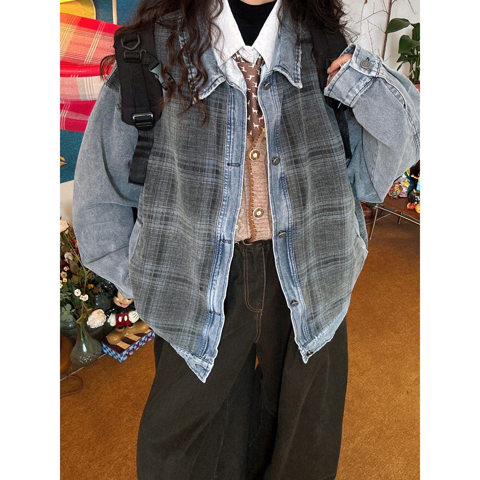 【新品买二送一】美式复古格纹拼接牛仔外套女街头宽松vibe风上衣,女装/女士精品,短外套,淘宝优惠券,粉丝福利购,淘宝优惠卷