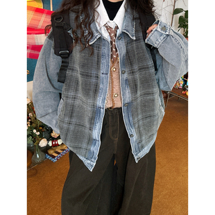 C2自制/美式复古格纹拼接牛仔外套女街头宽松vibe风上衣春季新款