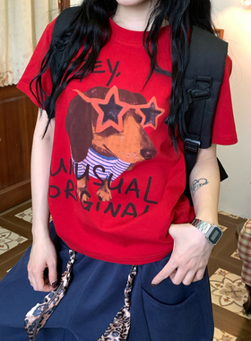 C2自制/美式卡通腊肠小狗印花短袖T恤女宽松圆领显白夏季新款上衣