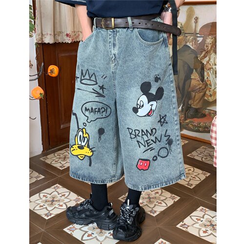 C2自制/美式复古米奇卡通涂鸦牛仔七分裤女夏季宽松直筒阔腿短裤