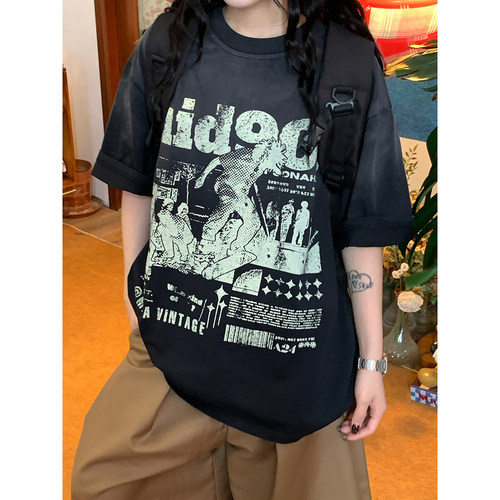 C2自制/美式街头风短袖T恤男女涂鸦印花潮牌设计感宽松百搭上衣夏