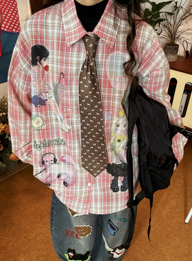 C2自制/复古y2k卡通印花格子衬衫男女同款设计感百搭长袖上衣秋款