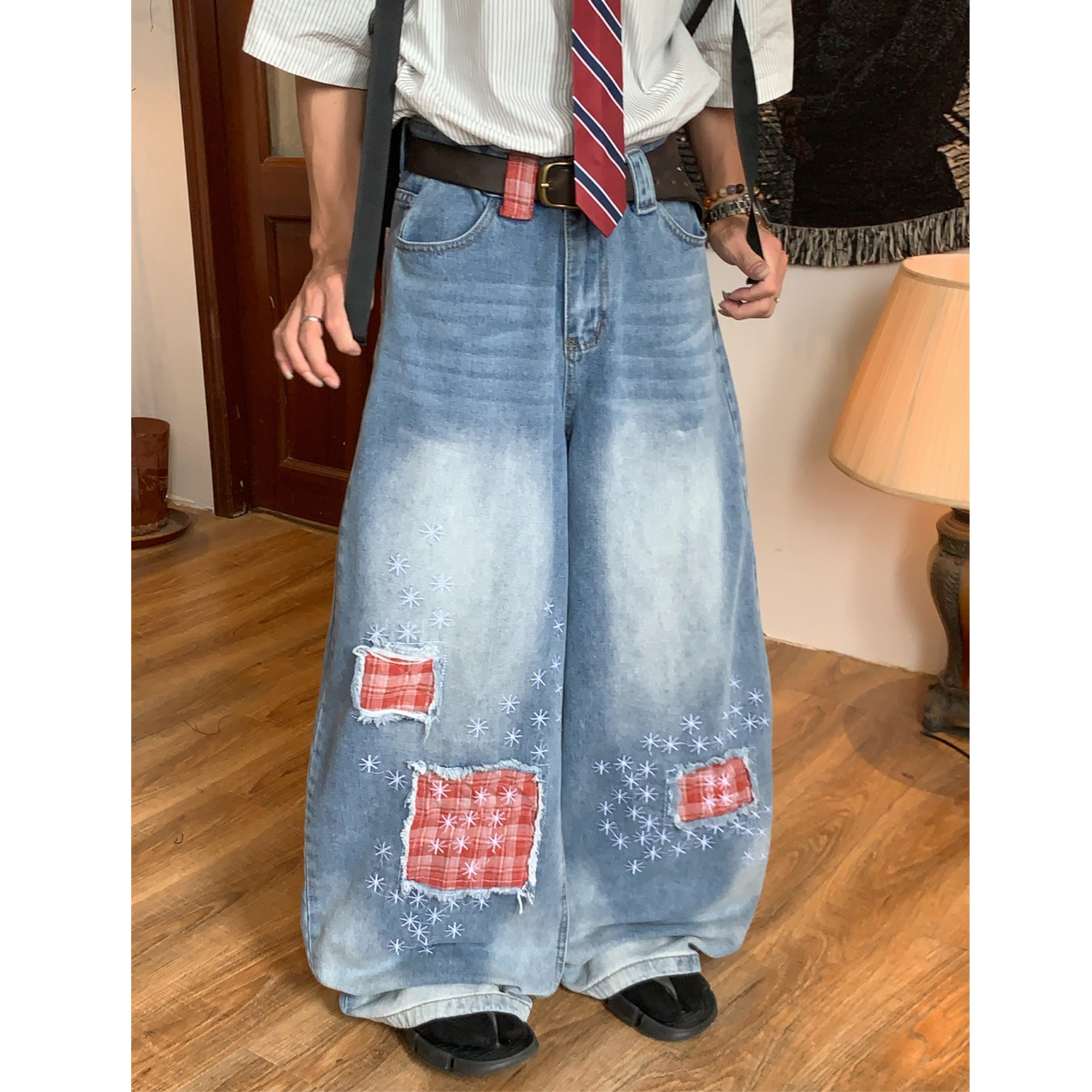 C2原创/美式复古格子拼接牛仔裤女夏季新款设计感阔腿直筒拖地裤