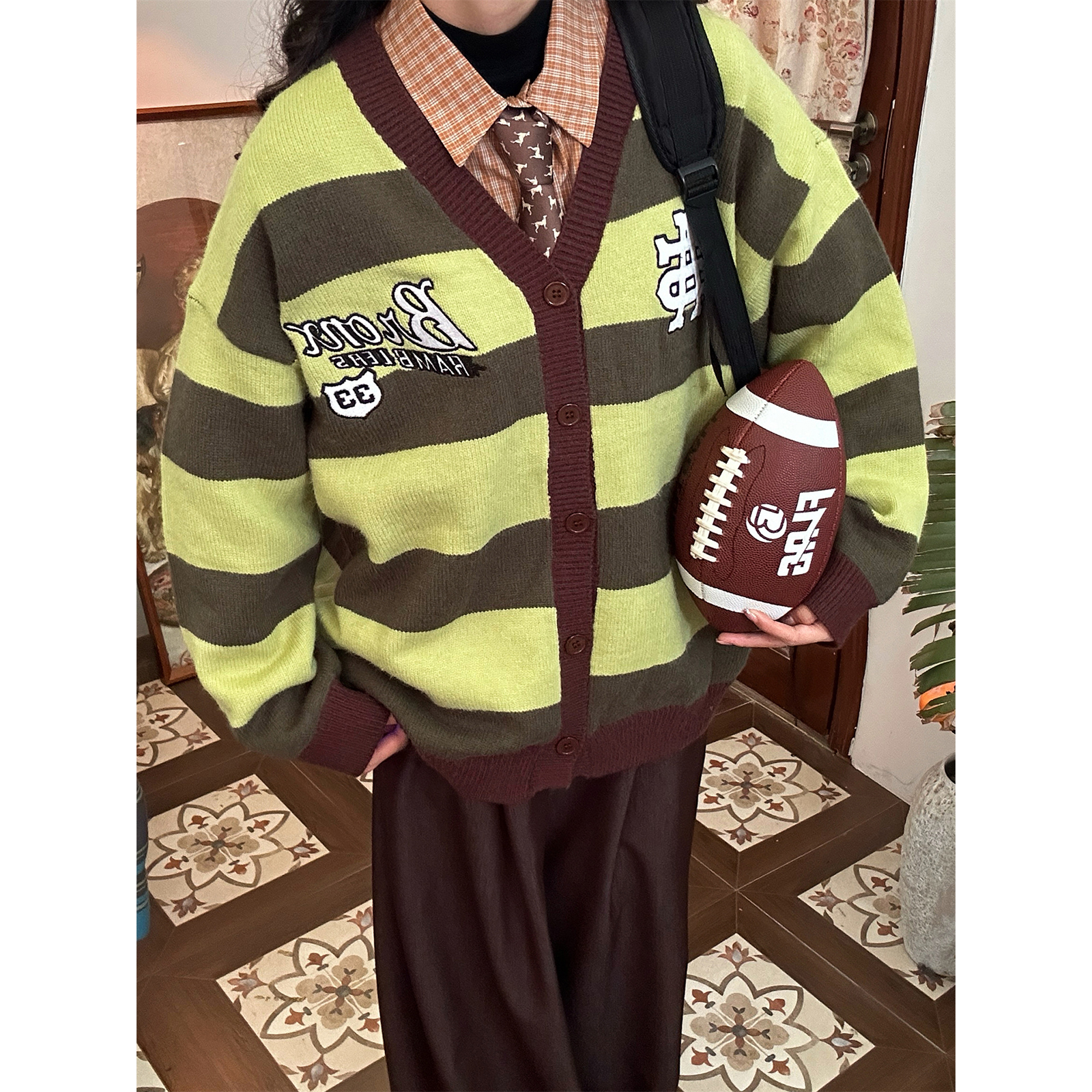 C2自制/美式复古撞色条纹针织开衫男女同款秋冬新款宽松毛衣外套