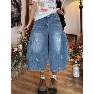美式 中裤 复古水洗做旧破洞牛仔短裤 宽松阔腿七分裤 女夏季 C2原创