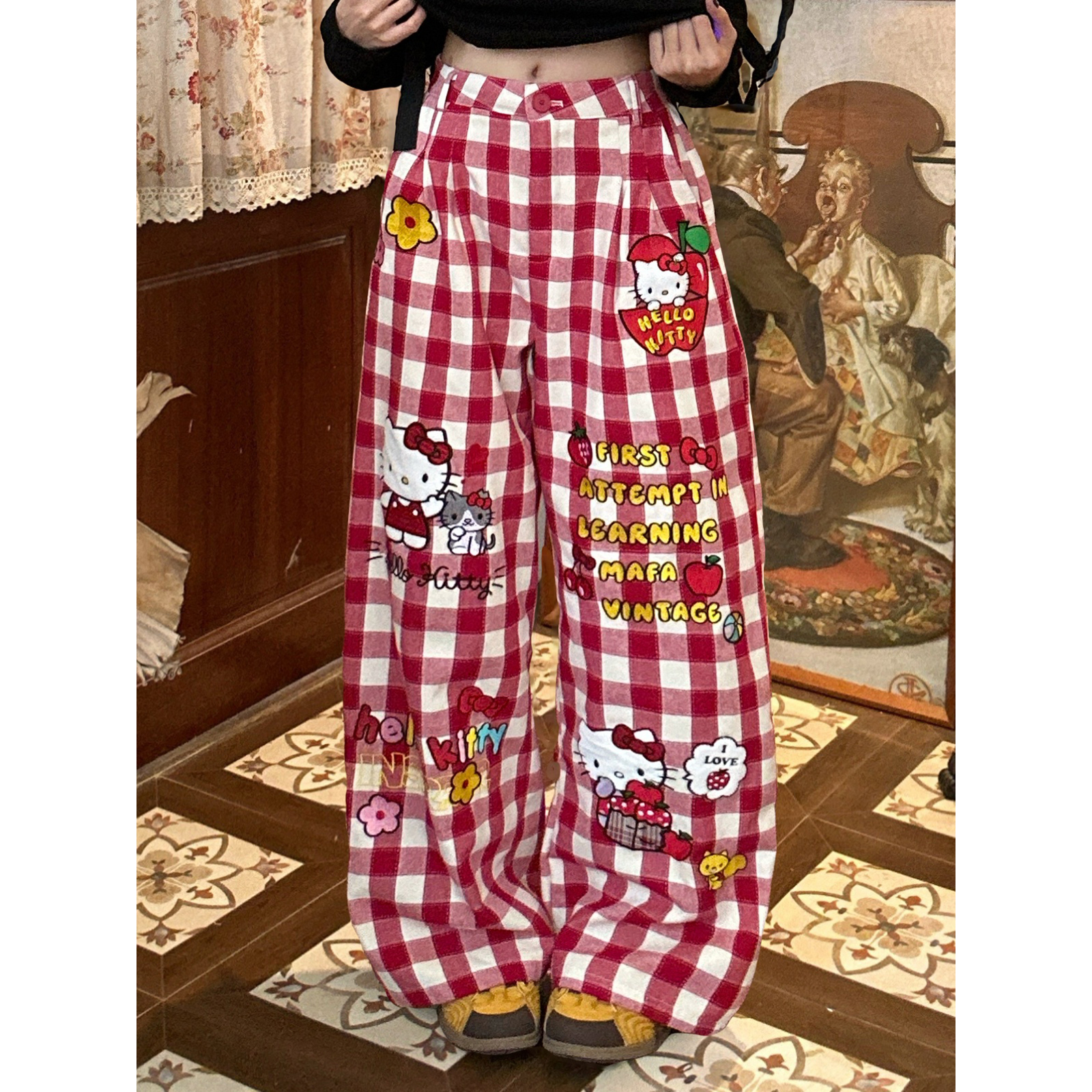 C2自制/kitty印花格子休闲裤女秋款设计感直筒阔腿显瘦拖地裤长裤