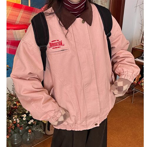 C2自制/秋冬款拼色工装复古粉色棉服外套男女同款底特律夹克上衣