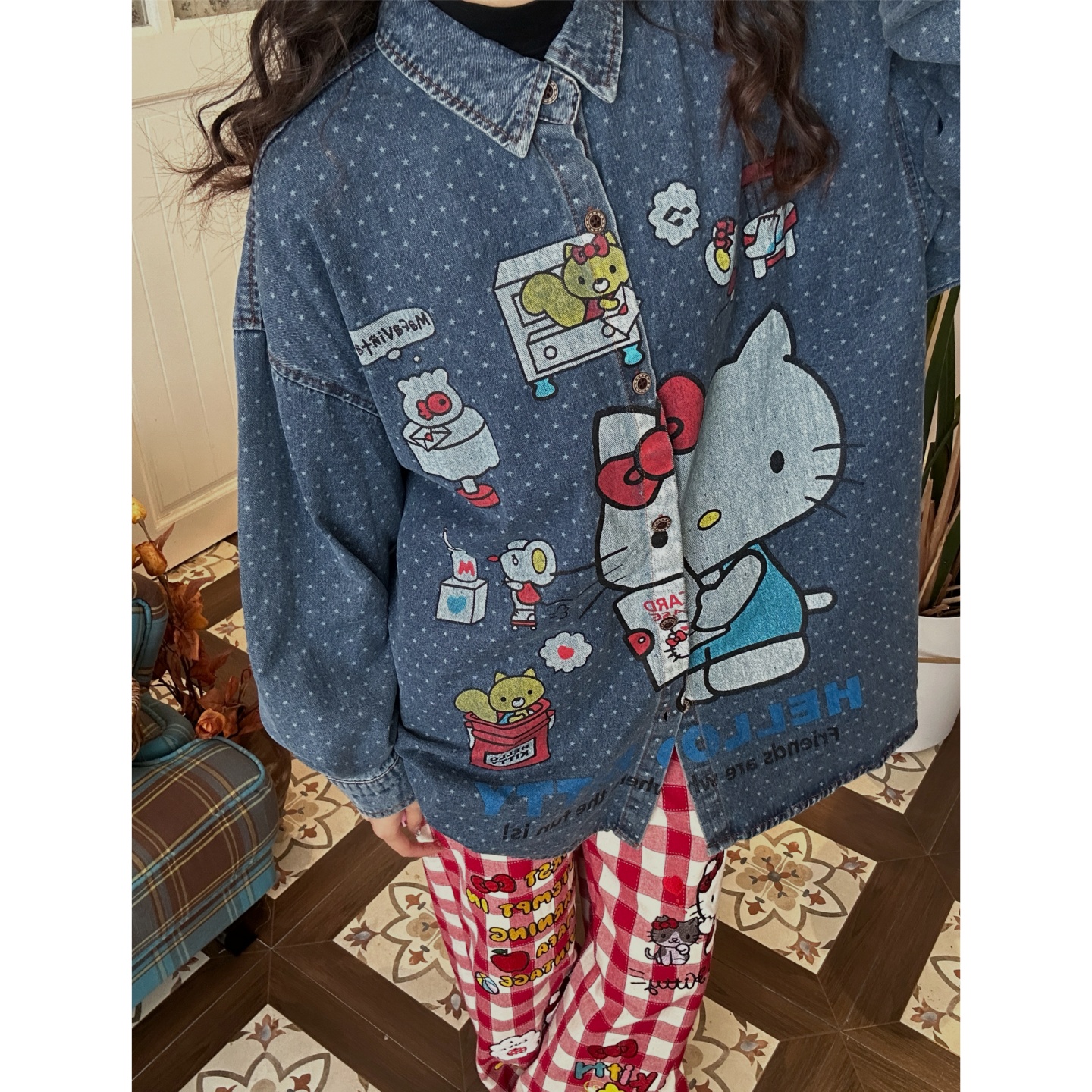 C2自制/美式复古kt猫趣味印花牛仔衬衫女秋季宽松波点做旧上衣潮