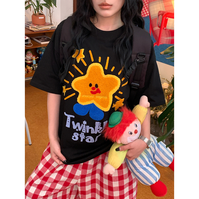 C2自制/童趣波普风短袖T恤男女同款星星植绒可爱甜美宽松百搭上衣