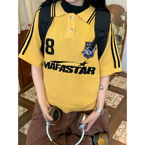 C2自制/美式复古翻领POLO衫男女同款短袖字母刺绣宽松撞色上衣夏