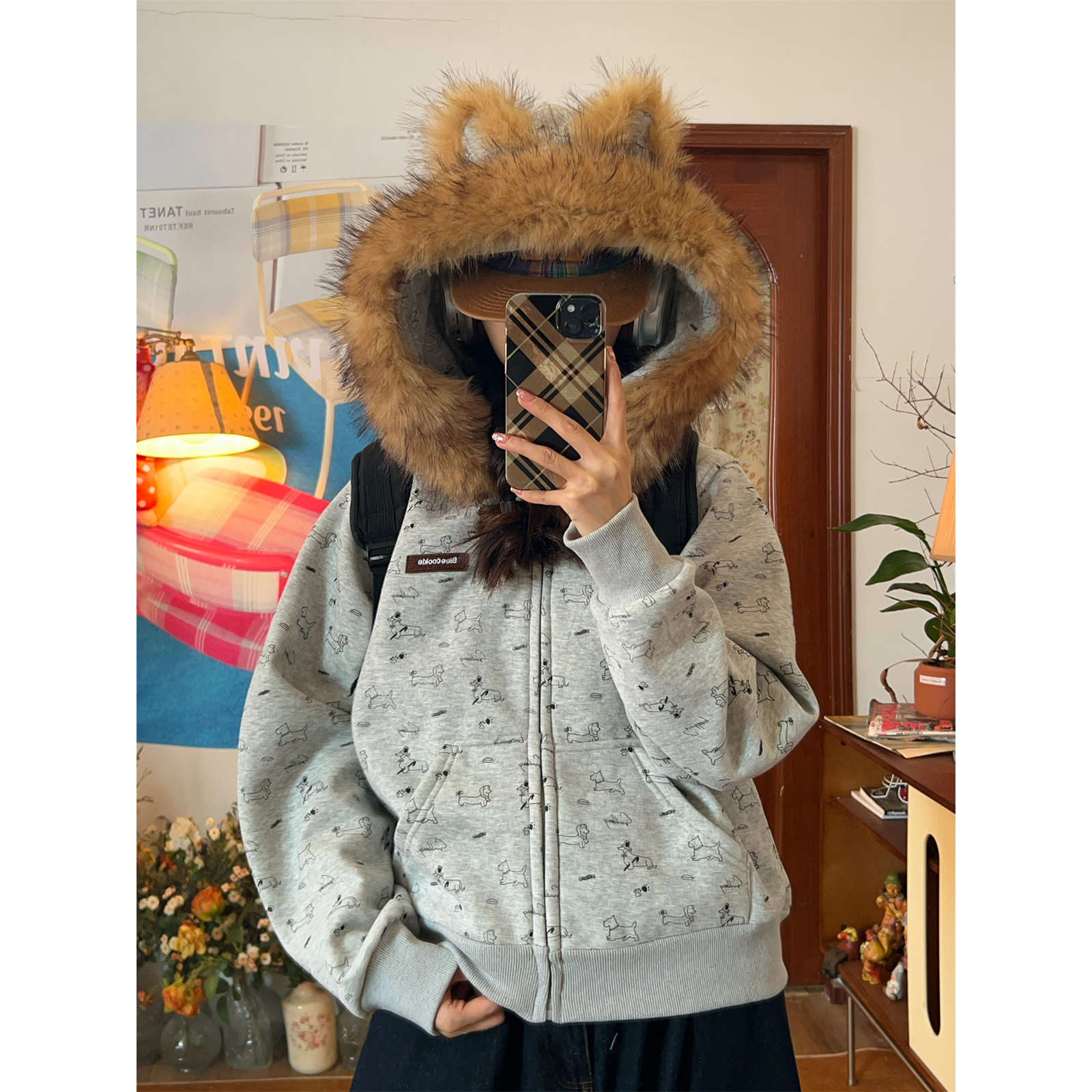 C2自制/可爱小狗耳朵毛领连帽卫衣男女同款冬加绒宽松开衫外套潮