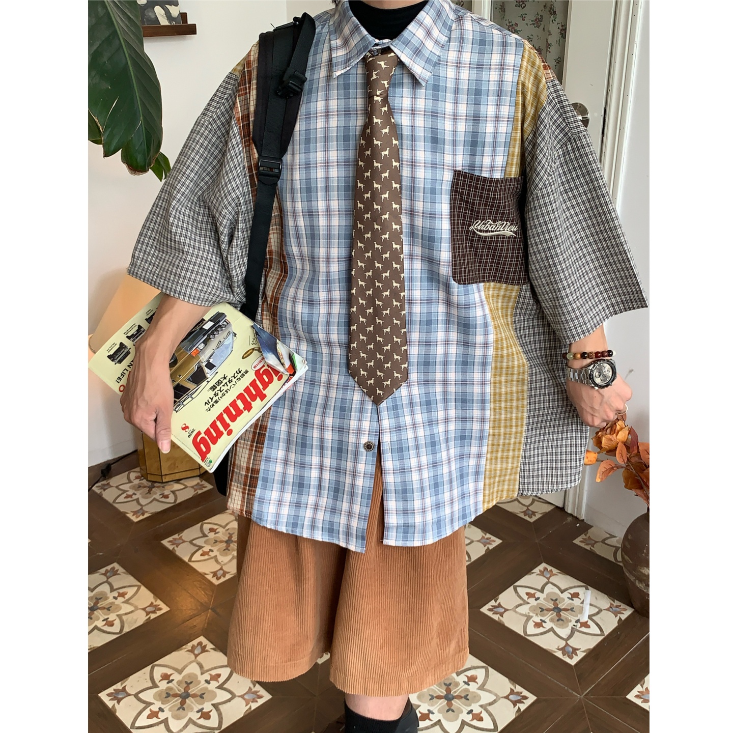 C2自制/日系复古撞色拼接格子衬衫男女夏季短袖宽松衬衣潮牌上衣