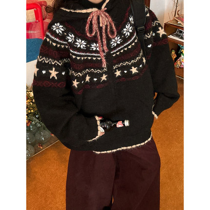 C2自制 /费尔岛提花针织开衫男女同款冬季新款连帽保暖毛衣外套