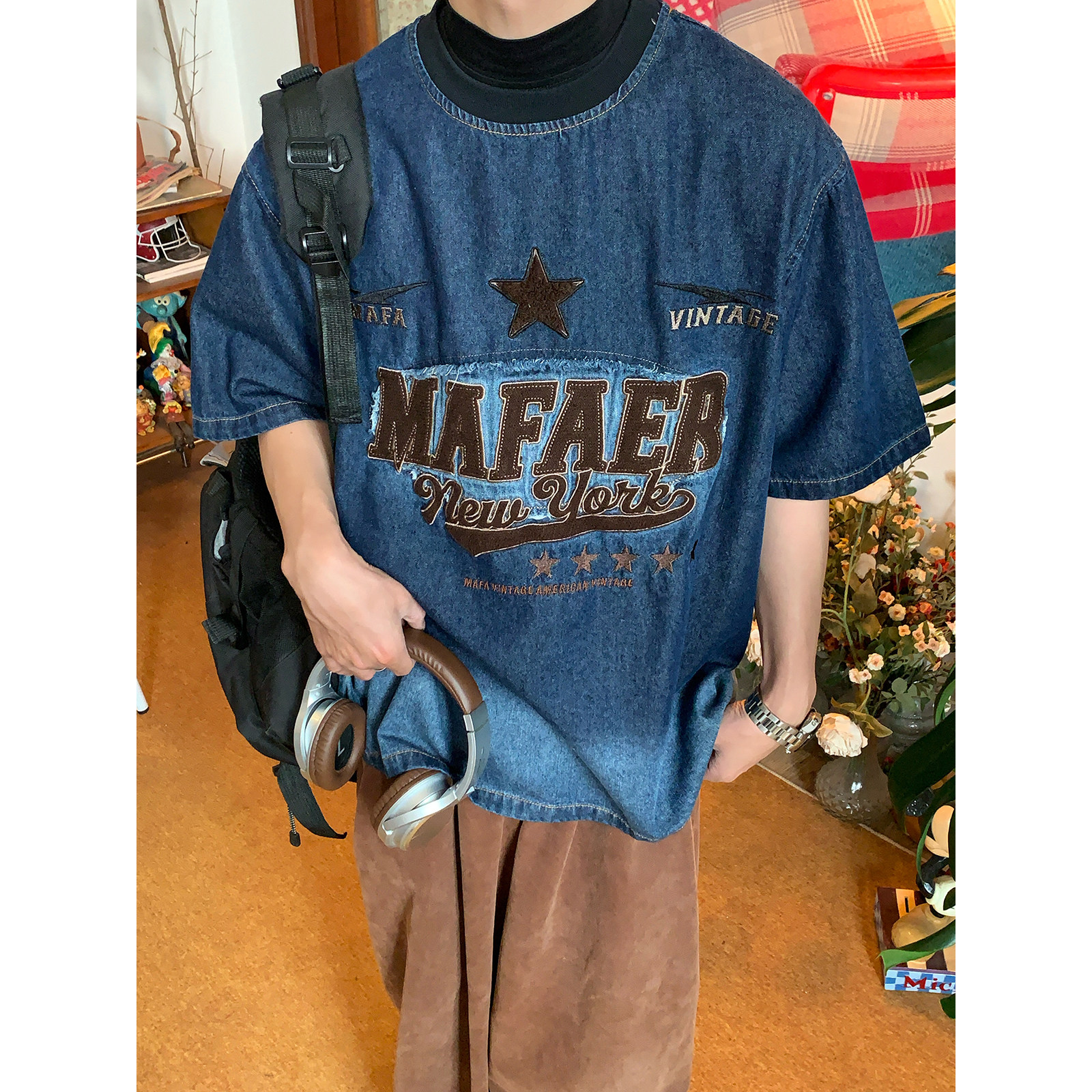 C2自制/美式复古牛仔短袖T恤男女同款宽松圆领字母印花百搭上衣潮