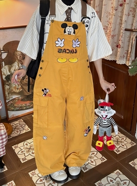 C2自制/古着风米奇复古休闲背带裤女宽松bf美式黄色阔腿连体长裤