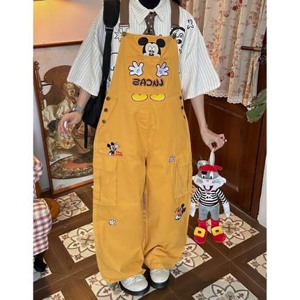 C2自制/古着风米奇复古休闲背带裤女宽松bf美式黄色阔腿连体长裤