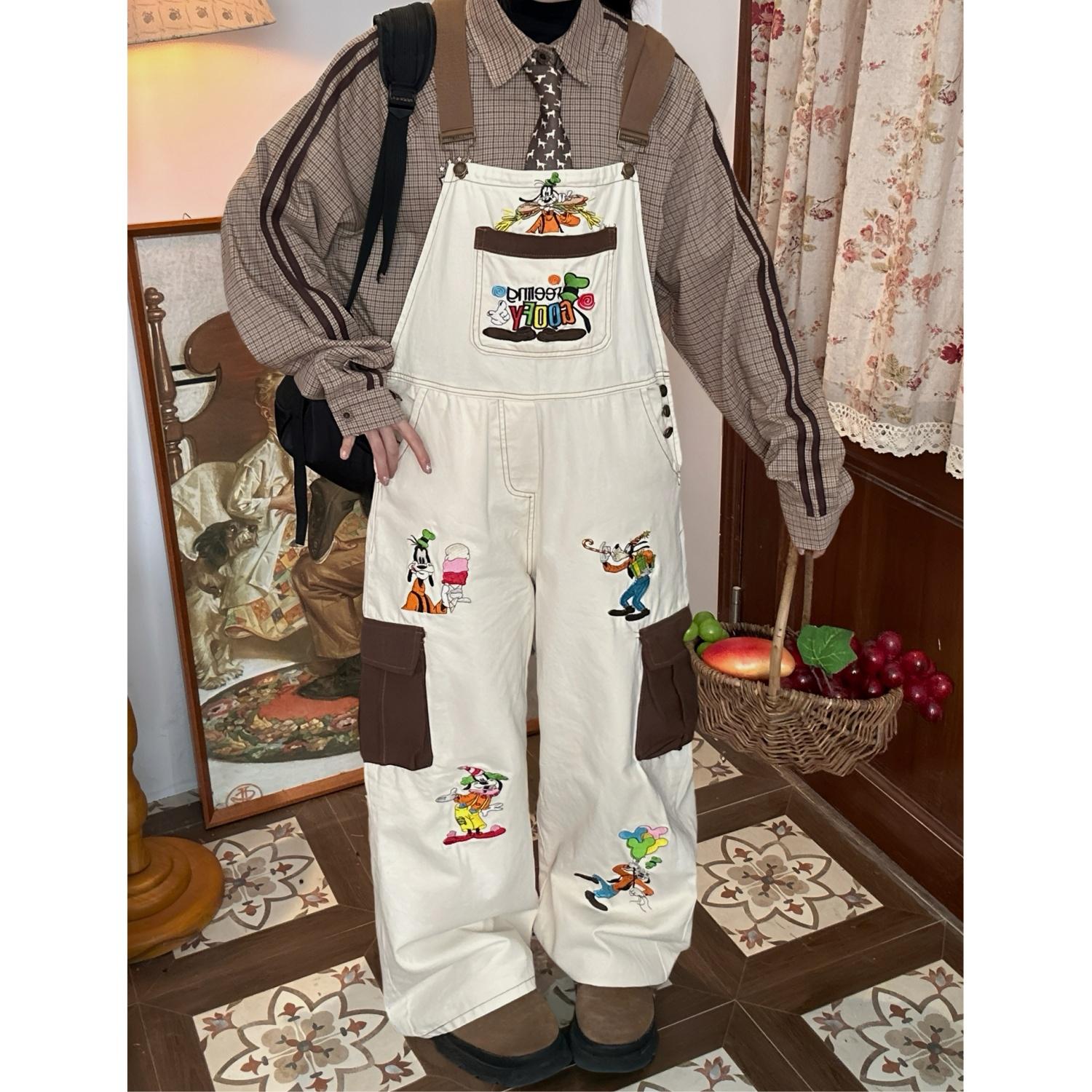 C2自制/古着vintage卡通阔腿裤女宽松刺绣背带裤百搭减龄拖地裤潮