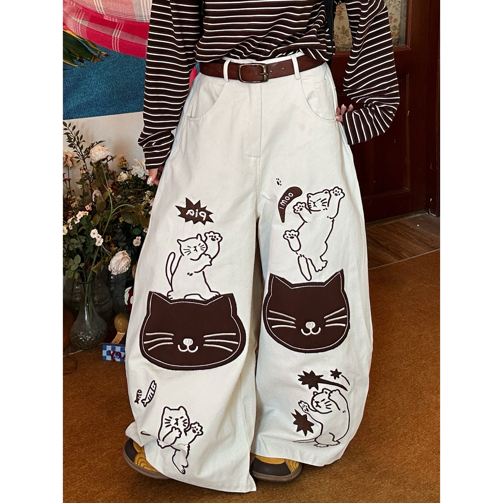 C2自制/美式复古猫咪印花阔腿裤牛仔裤2026春款女宽松直筒裤长裤,女装/女士精品,牛仔裤,淘宝优惠券,粉丝福利购,淘宝优惠卷