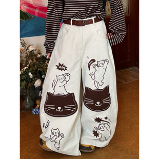 C2自制/美式复古猫咪印花阔腿裤牛仔裤2026春款女宽松直筒裤长裤