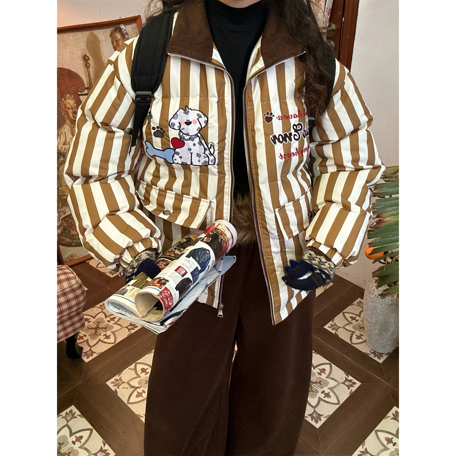 C2自制/美式复古条纹撞色棉服男女同款宽松百搭秋冬新款保暖外套