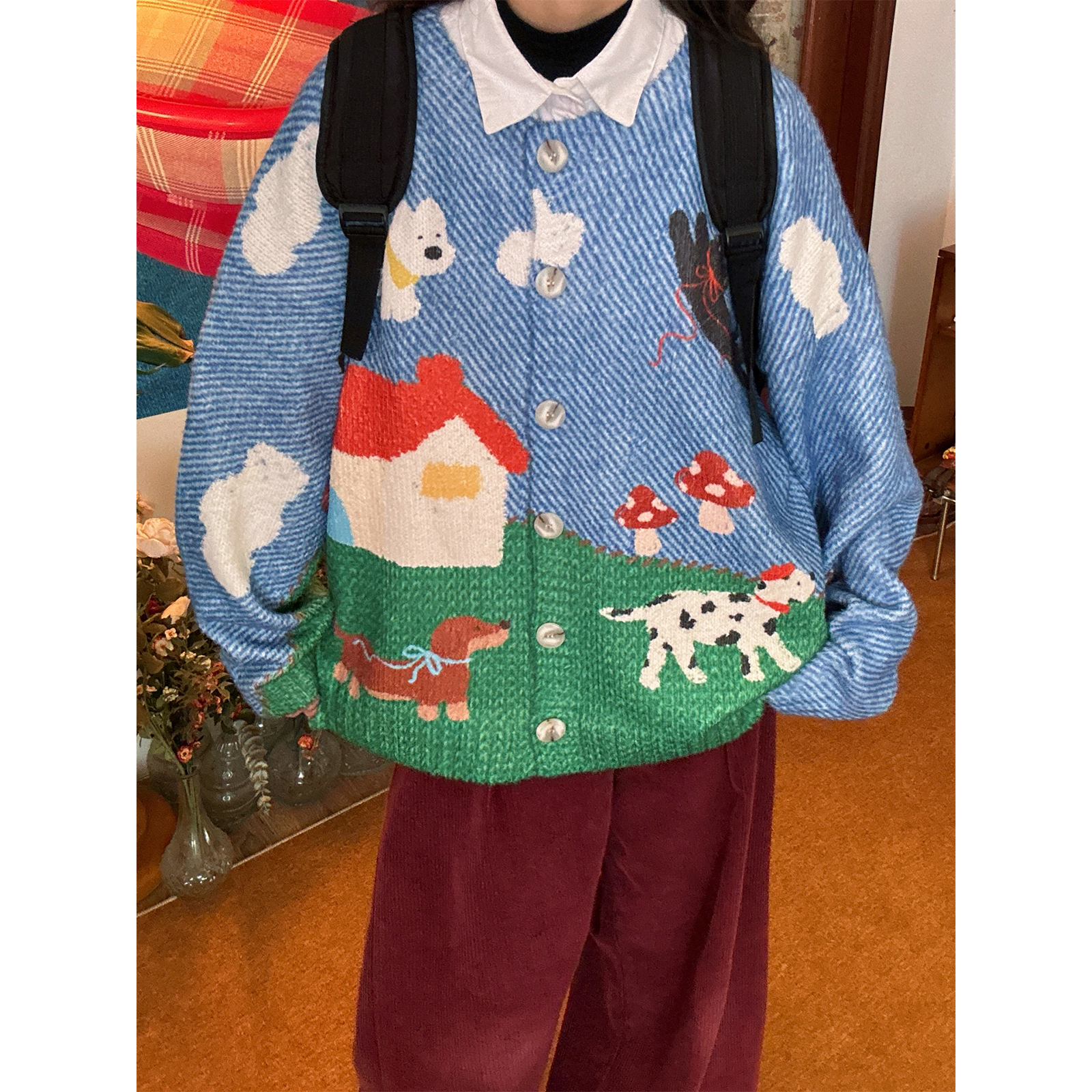 【新品买二送一】日系复古趣味印花圆领开衫毛衣外套女宽松上衣潮