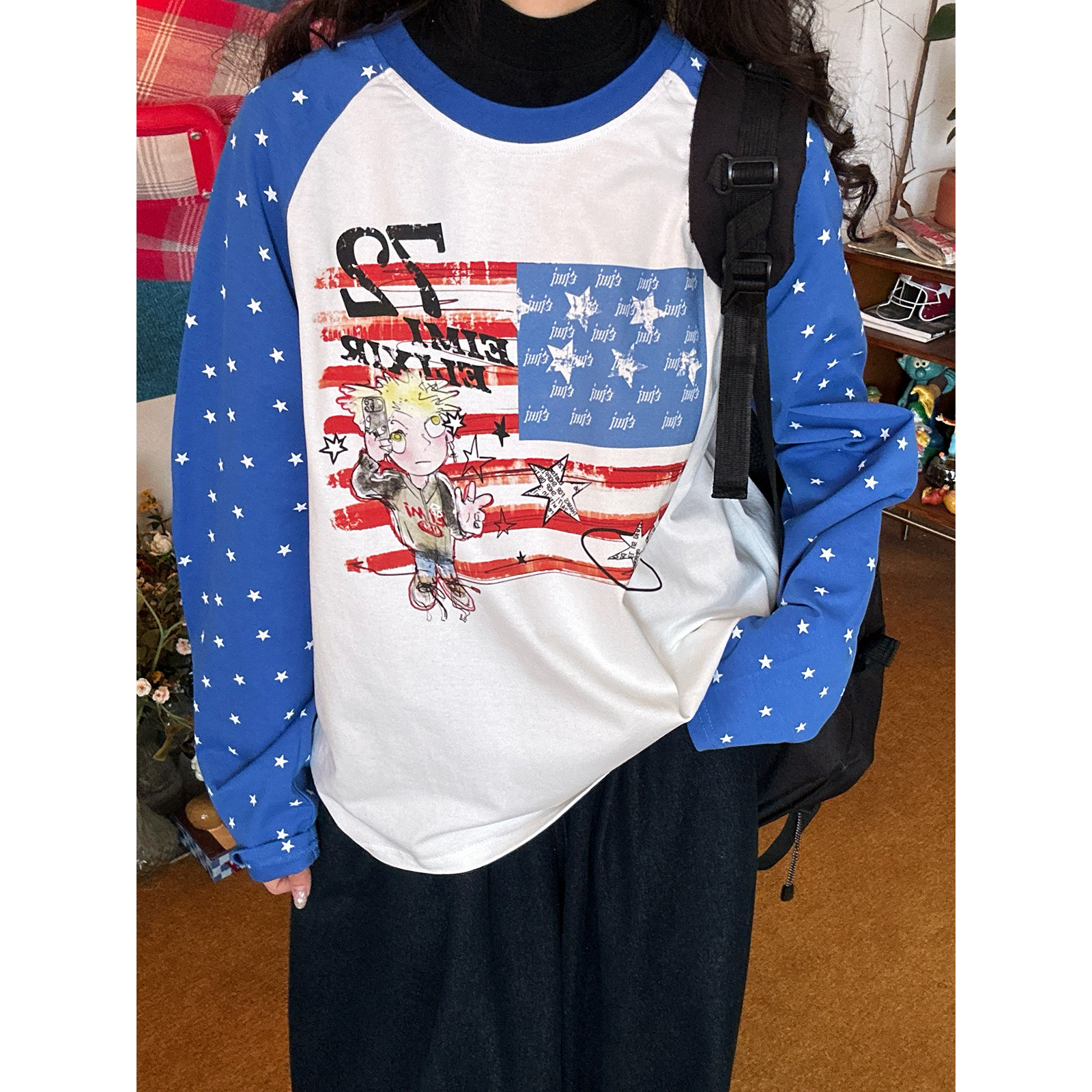 【新品买二送一】美式复古撞色插肩袖T恤女星星印花宽松休闲上衣,女装/女士精品,T恤,淘宝优惠券,粉丝福利购,淘宝优惠卷