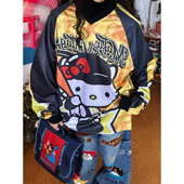 C2自制 上衣潮2026年春款 美式 复古Kitty猫拼接卫衣女宽松撞色长袖