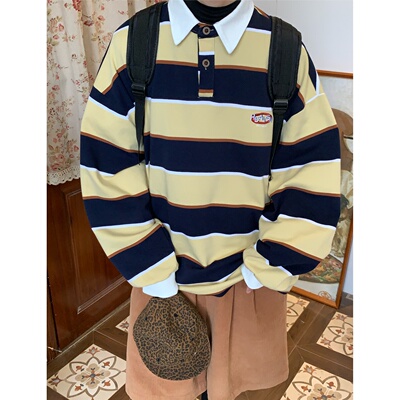 C2自制/美式复古条纹长袖翻领T恤男女秋季宽松休闲撞色学院风上衣