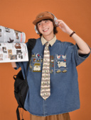 日系复古碎花刺绣牛仔短袖 宽松慵懒半袖 衬衫 新款 衬衣 夏季 C2自制