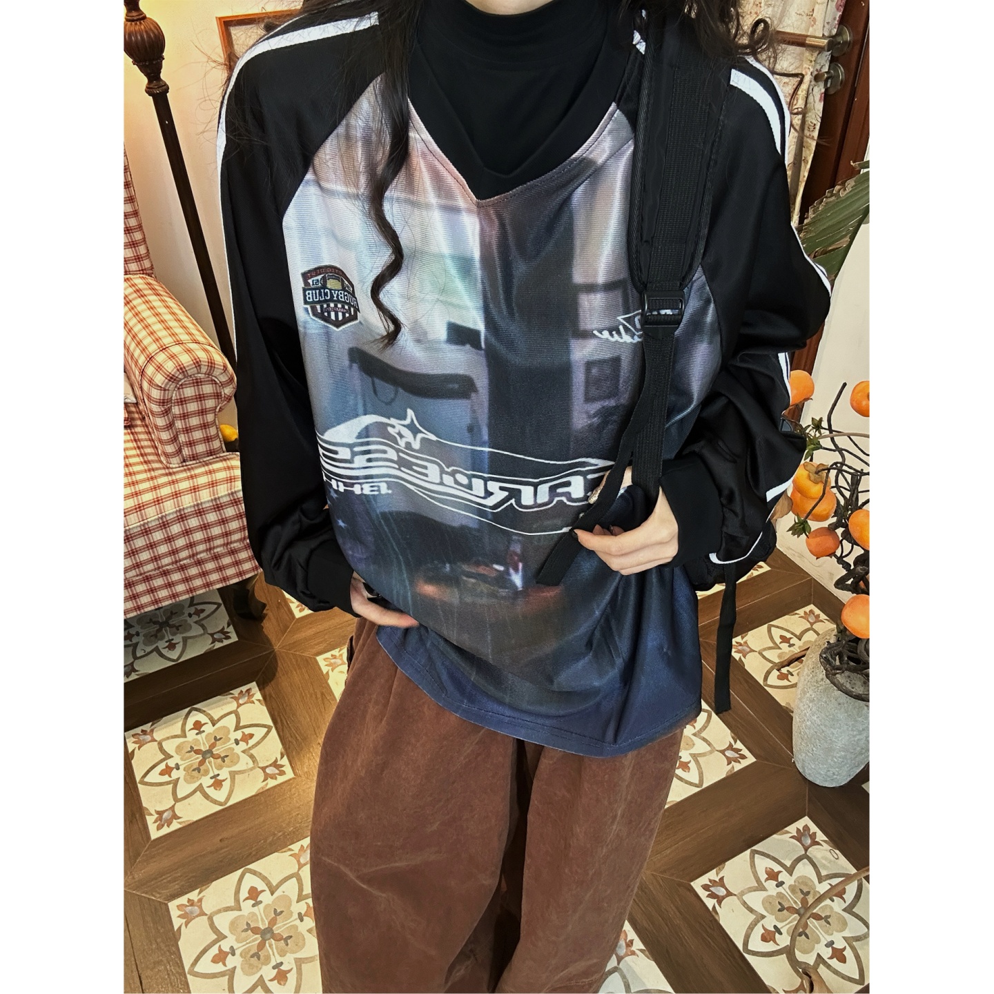 C2自制/美式复古vibe赛车印花V领T恤秋男女甜酷拼接网面透气上衣