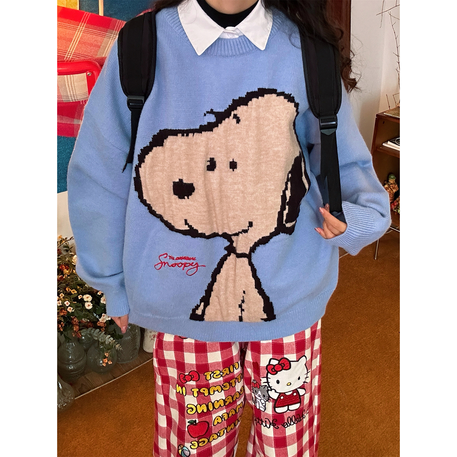 C2自制/可爱小狗提花圆领毛衣男女同款秋冬新款学院风宽松软糯潮