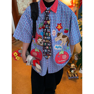 C2自制/美式卡通格纹猫咪刺绣短袖衬衫女夏季新款宽松学院风上衣